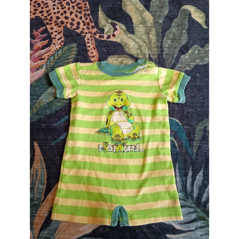 SeaWorld Turtle Romper Striped Boys 18-24 Mos Rare HTF Green